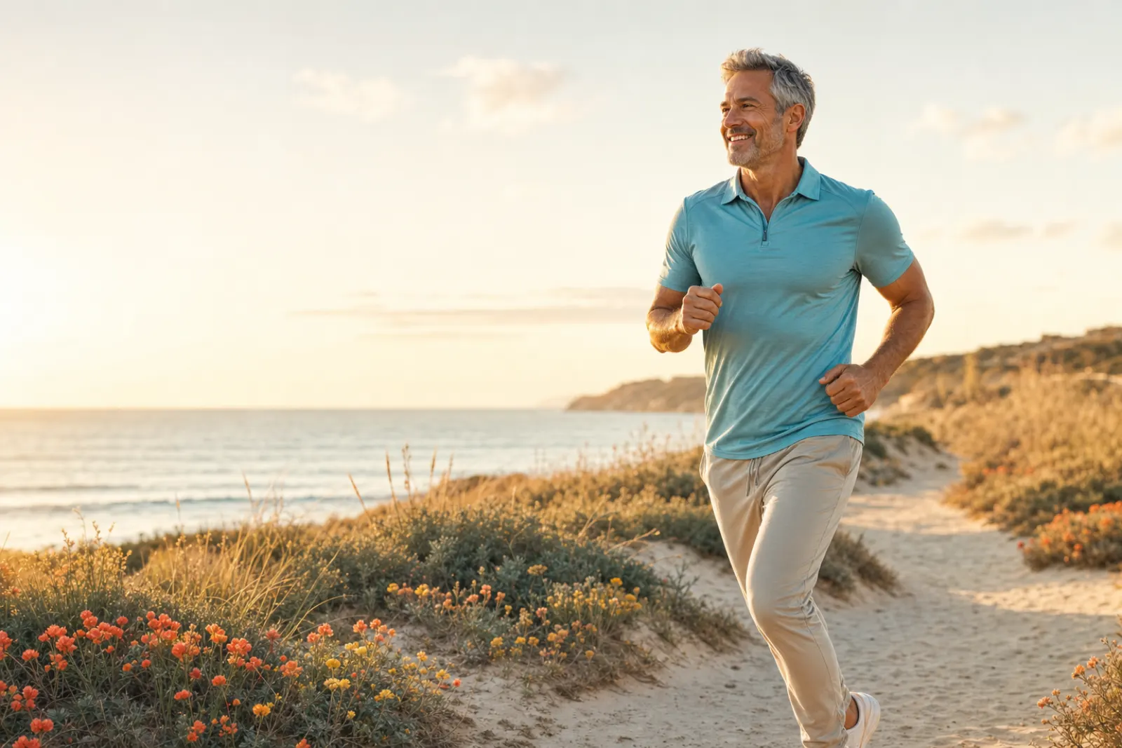Active senior couple walking freely in nature — Flexosamine joint support
